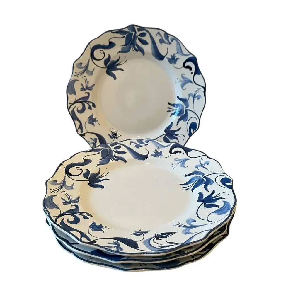 New 222 Fifth AYLA Blue Floral Porcelain 8.5in Salad Plates Scalloped Set of 4
